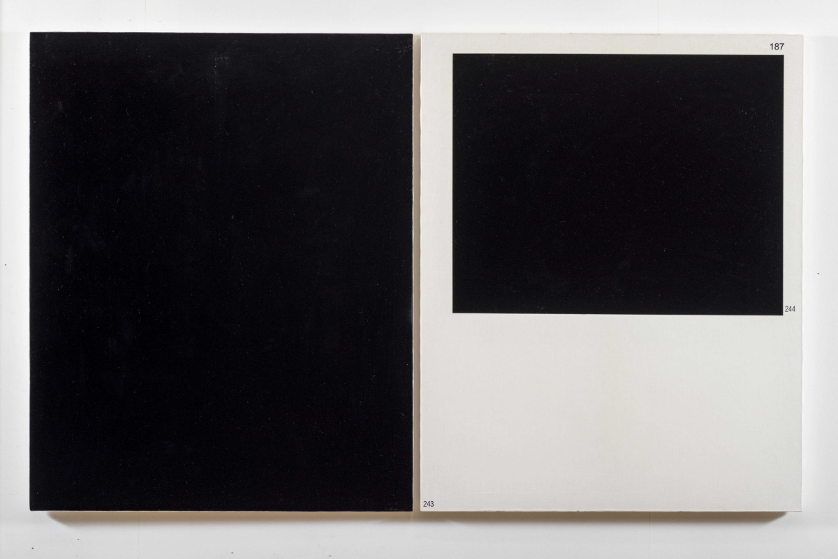 diptihs “Prūsijas zilais. 186.–187. lpp” | diptych “Prussian Blue. pp. 186–187”, 2025. Oil on linen, 116 × 92.5 cm each part.