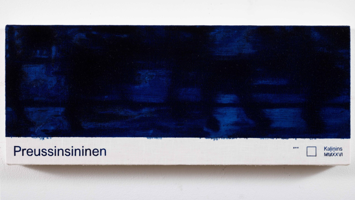 Prūsijas zilais Nr. 16 | Prussian Blue No. 16, 2026. Lins, eļļa | Oil on linen, 16 × 40 × 3 cm.